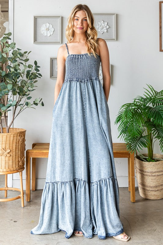WASHED SMOCKED DETAIL RUFFLE WIDE LEG JUMPSUIT