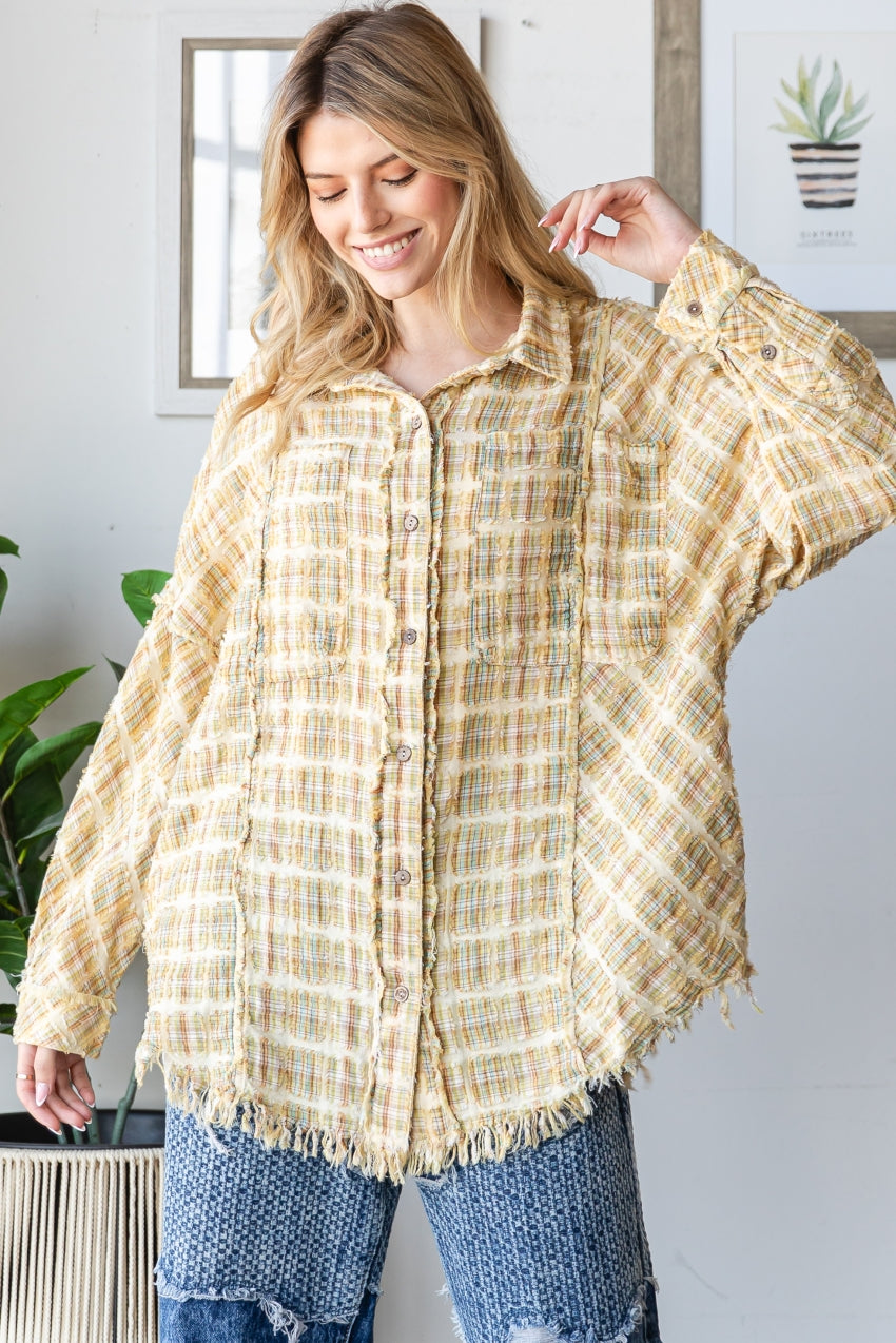 WASHED PLAID MIXED BUTTON DOWN SHIRT TOP
