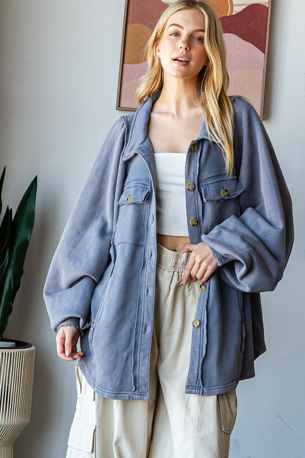 WASHED BALLOON SLEEVE BUTTON FRONT SHIRT JACKET