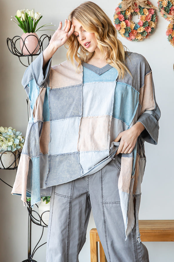WASHED COLORBLOCK WIDE V NECK OVERSIZED TOP