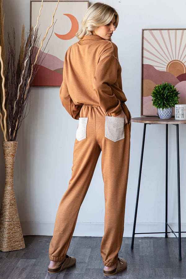 ZIP FRONT NECK CONTRAST BACK POCKET JUMPSUIT