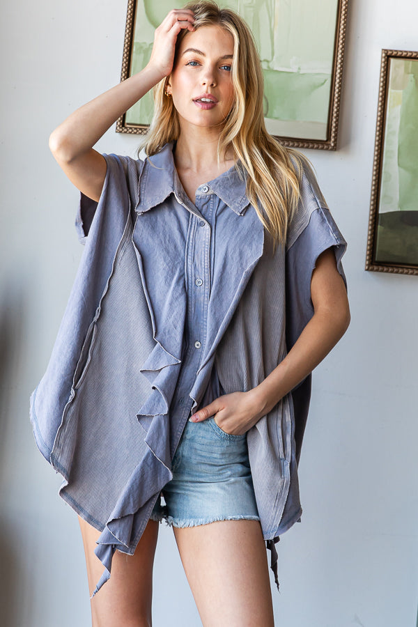 WASHED RUFFLE DETAIL FRONT BUTTON DOWN SHIRT