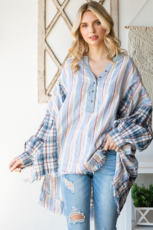WASHED HENLEY V NECK MIX MEDIA PLAID SHIRT