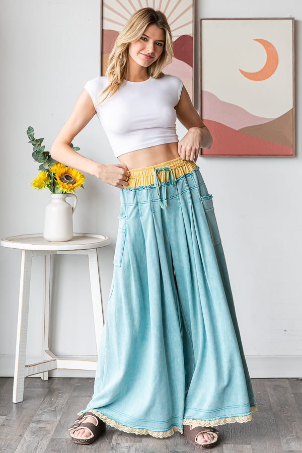 WASHED TWOFER WAISTBAND WIDE LEG PANTS