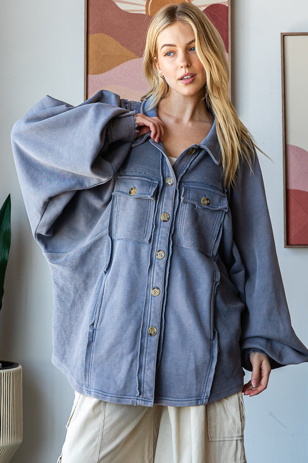 WASHED BALLOON SLEEVE BUTTON FRONT SHIRT JACKET