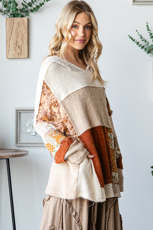 COLOR BLOCK PATCHWORK LONG SLEEVE PULLOVER HOODIE