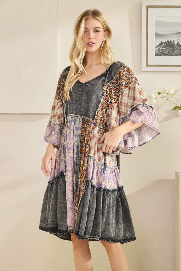 WASHED MIX PRINTED TIERED RUFFLE TUNIC TOP