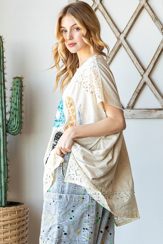 EMBROIDERED YOKE FLOWER APPLIQUE TOP