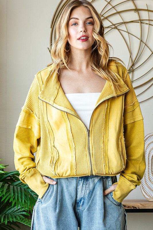 ZIP FRONT MIX HOODED CROPPED JACKET