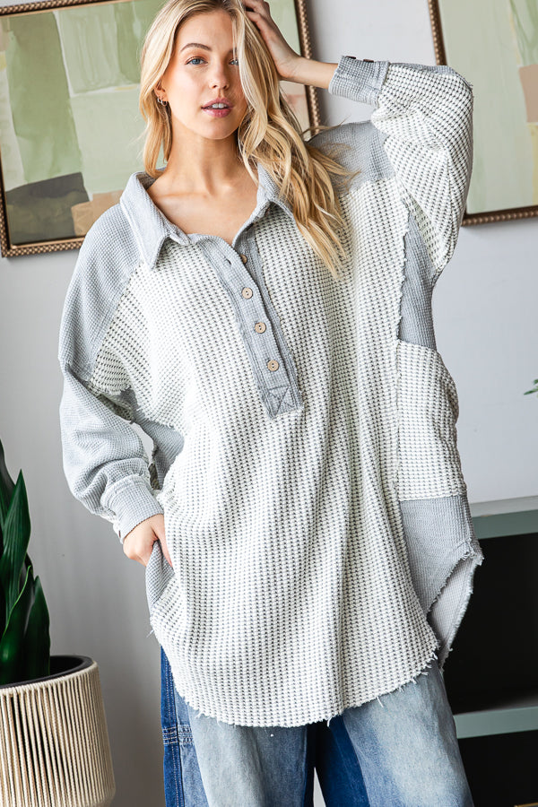 WASHED COLLARED NECK LONG SLEEVE WAFFLE TOP