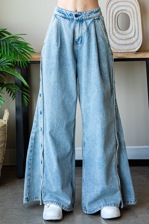 WASHED WIDE LEG FLARED PALAZZO DENIM PANTS