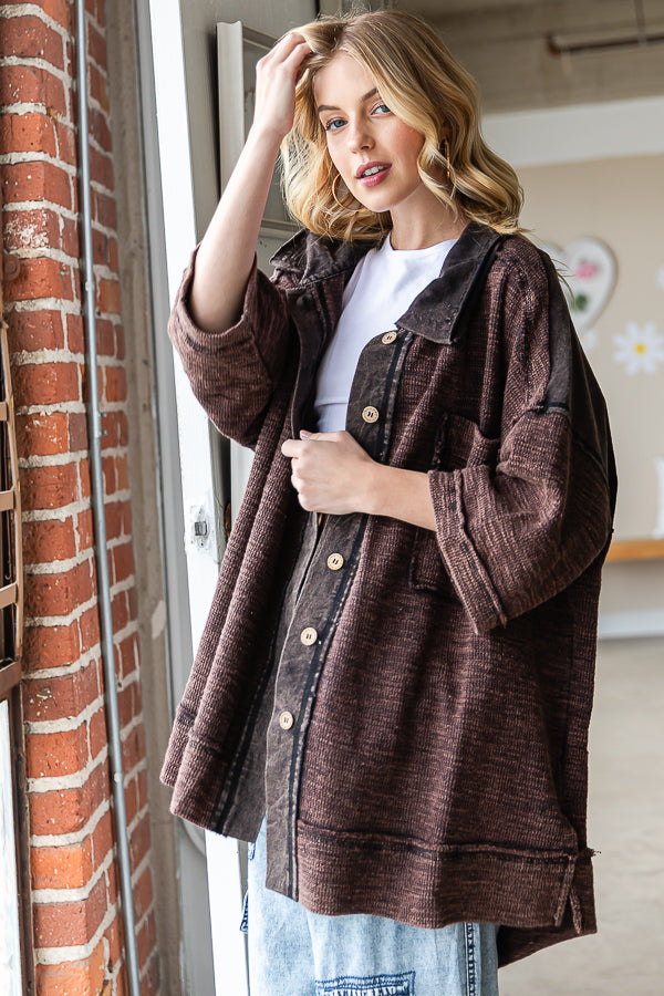 WASHED MIX MEDIA COLLAR NECK OVERSIZED SHIRT