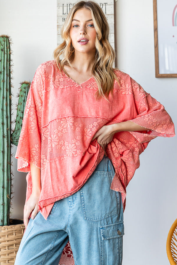 LACE MIX MEDIA SHORT SLEEVE FRAYED HEM BOXY TOP