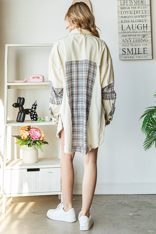 WASHED MIX MEDIA PLAID DETAIL BUTTON DOWN SHACKET