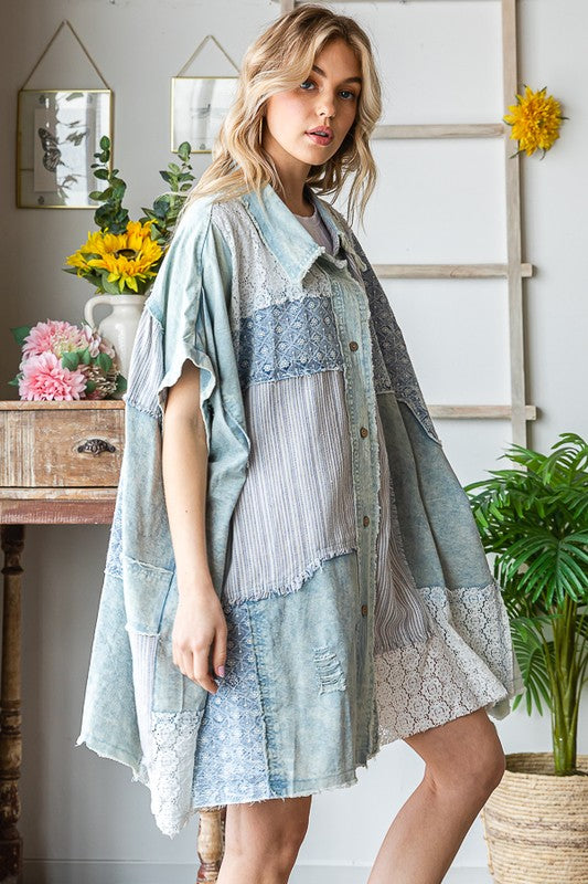 MIX MEDIA MINERAL WASHED SHORT SLEEVE SHIRT DRESS