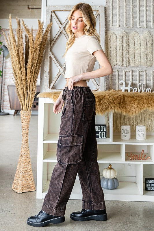 MINERAL WASHED DRAWSTRING WAIST CARGO PANTS