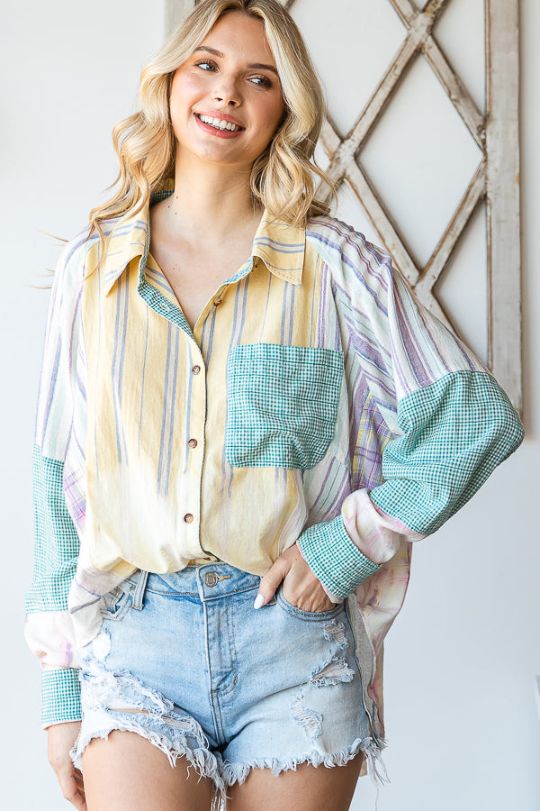 WASHED MIXED PLAID POCKET LONG SLEEVE SHIRT