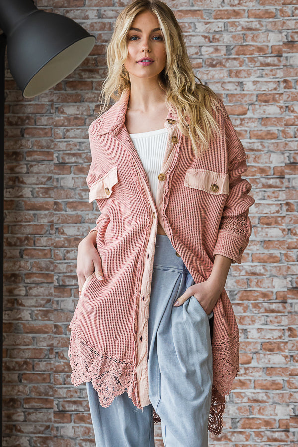 WASHED LACE HEM BUTTON FRONT SHIRT