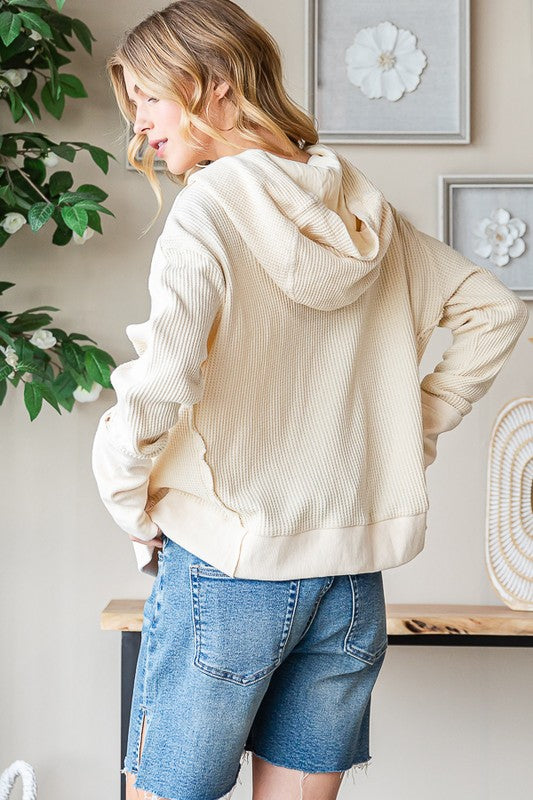 MINERAL WASHED HOODED ZIP FRONT WAFFLE JACKET