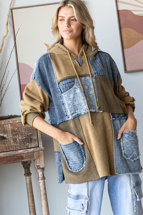 WASHED PATCHWORK DENIM HOODED PULLOVER TOP