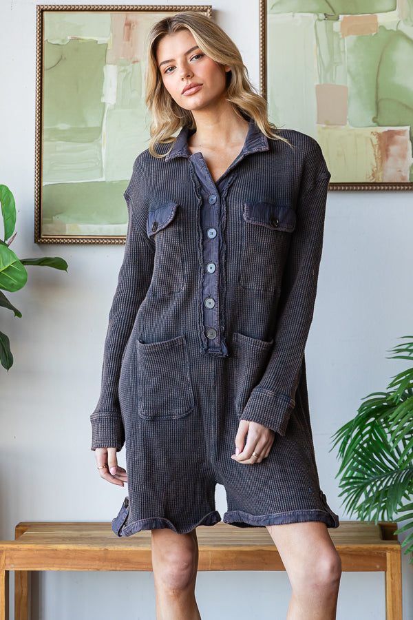 WASHED FRONT POCKETS OVERSIZED THERMAL ROMPER
