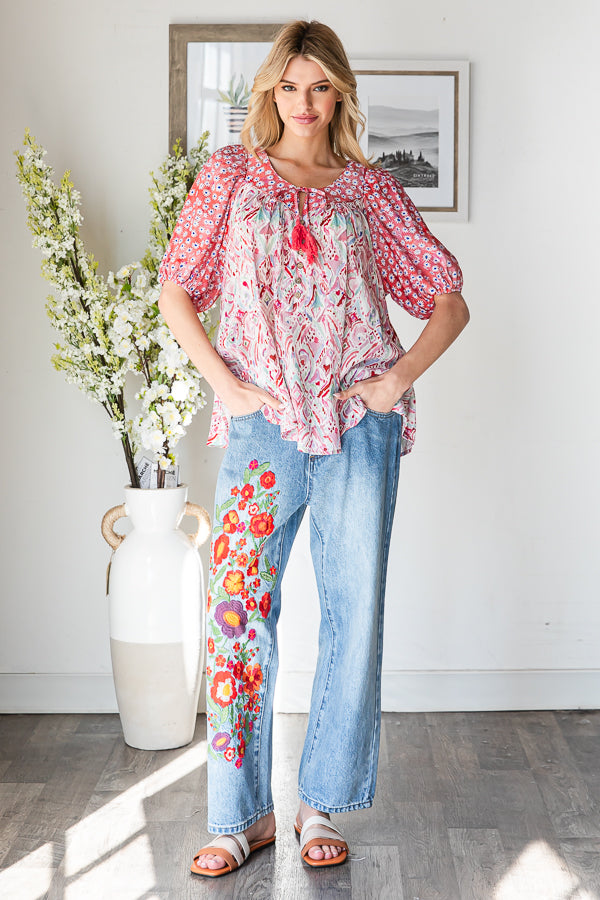 FLORAL MIXED PRINTED PUFF SHORT SLEEVE BLOUSE