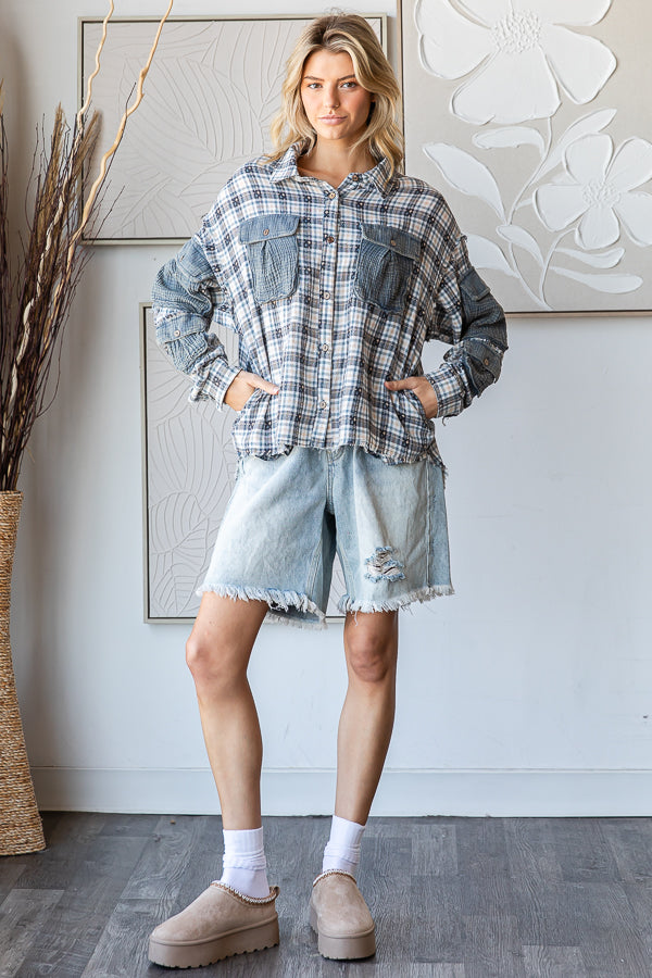 WASHED PLAID CONTRAST 3D POCKETS BUTTON DOWN SHIRT