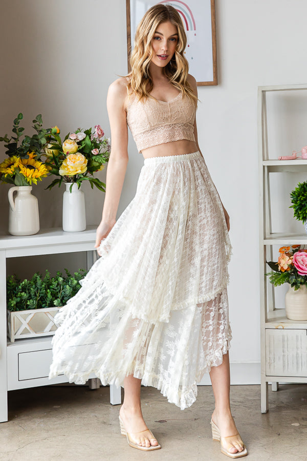 LAYERED IRREGULAR LACE FLARE MIDI SKIRT