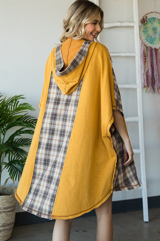 WASHED MIX MEDIA PLAID DETAIL OVERSIZED TUNIC TOP