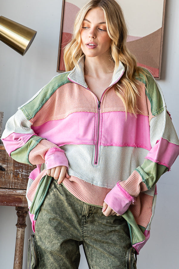 WASHED COLORBLOCK HALF ZIP PULLOVER TOP