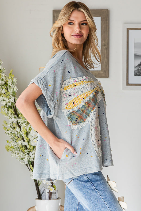 PAINT SPLATTER DETAIL RIBBON PATCHWORK TOP