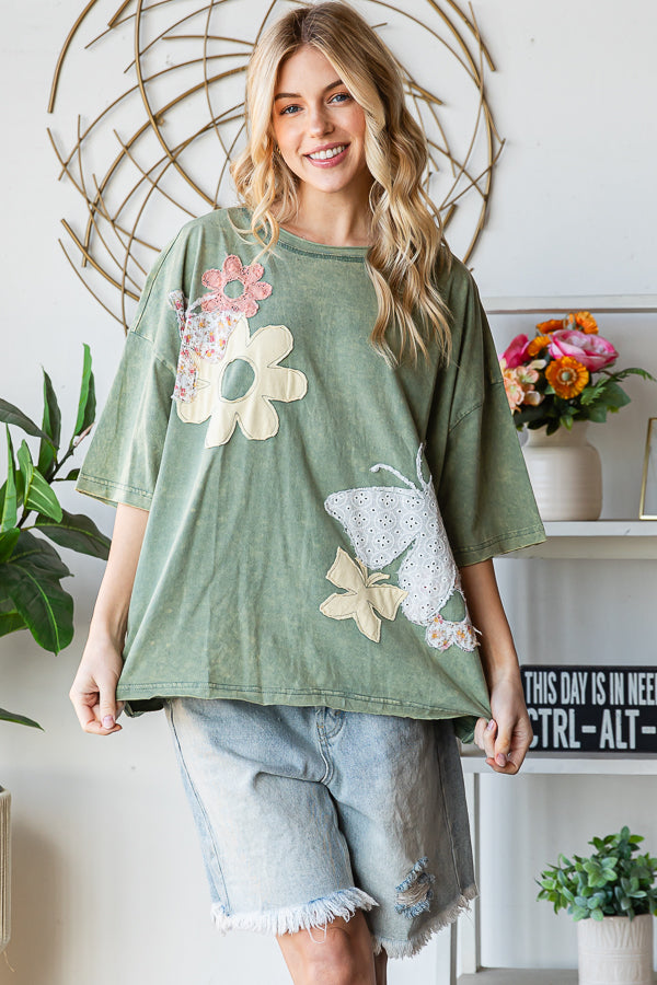 WASHED FLOWER BUTTERFLY PATCHWORK SHORT SLEEVE TOP