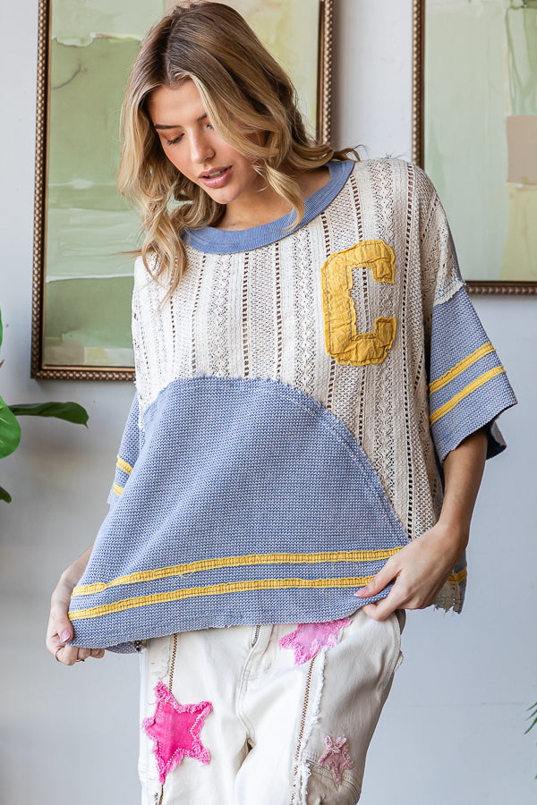 WASHED COLORBLOCK SWEATER KNIT DROP SHOULDER TOP