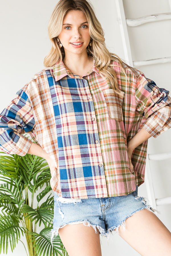 MIXED PLAID BUTTON DOWN SHIRT