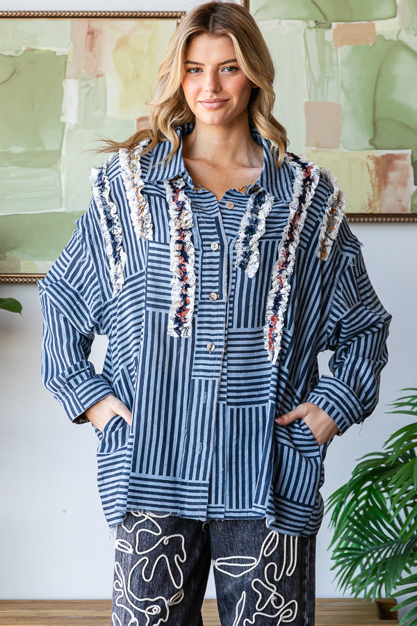 RUFFLE CONTRAST DETAIL STRIPED BUTTON DOWN SHIRT