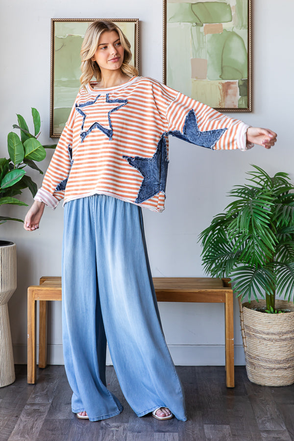STAR PATCHWORK STRIPED DROP SHOULDER TOP