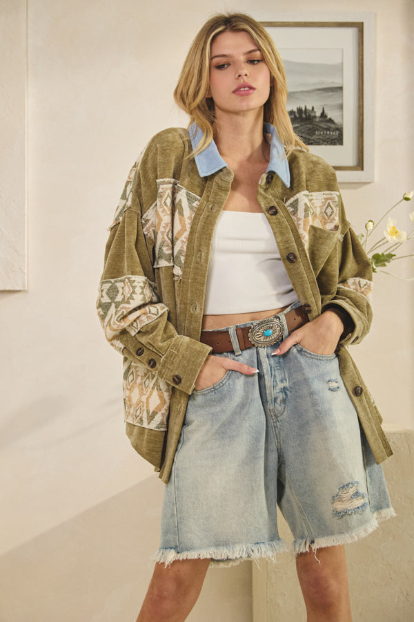 WASHED AZTEC PRINTED MIXED BUTTON DOWN SHACKET