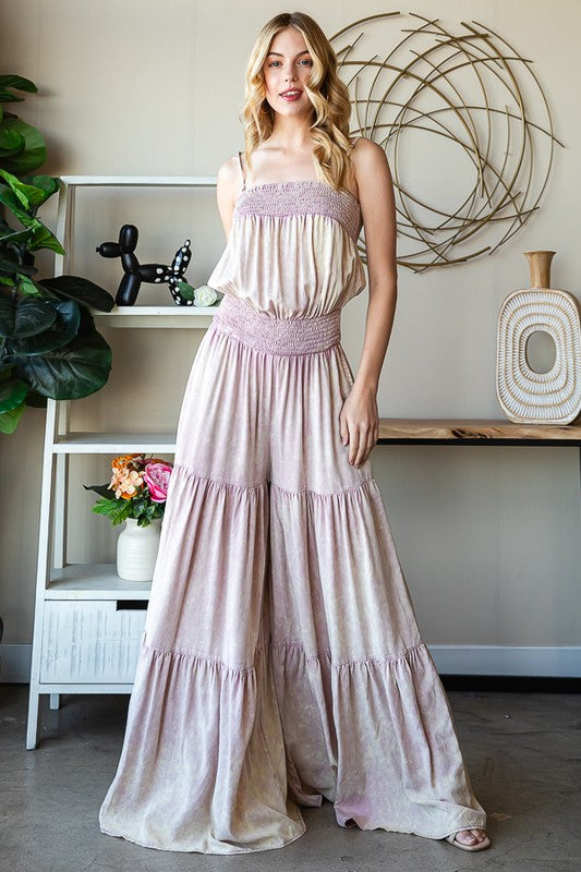 WASHED TIERED SMOCKED WAIST WIDE LEG JUMPSUIT