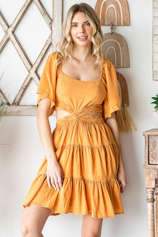 WASHED CROSS CUTOUT TIERED MINI DRESS