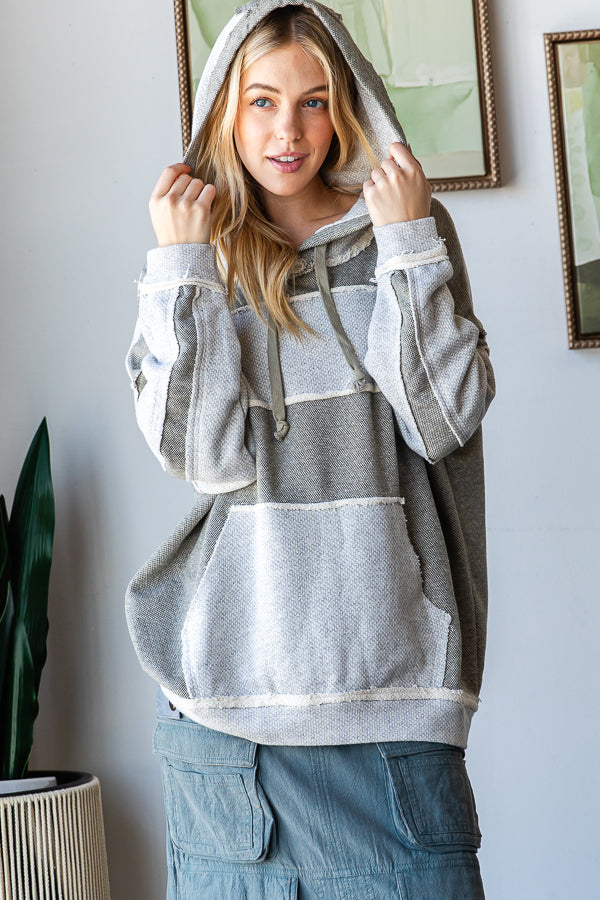 CONTRAST PATCHWORK DRAWSTRING HOODED TOP