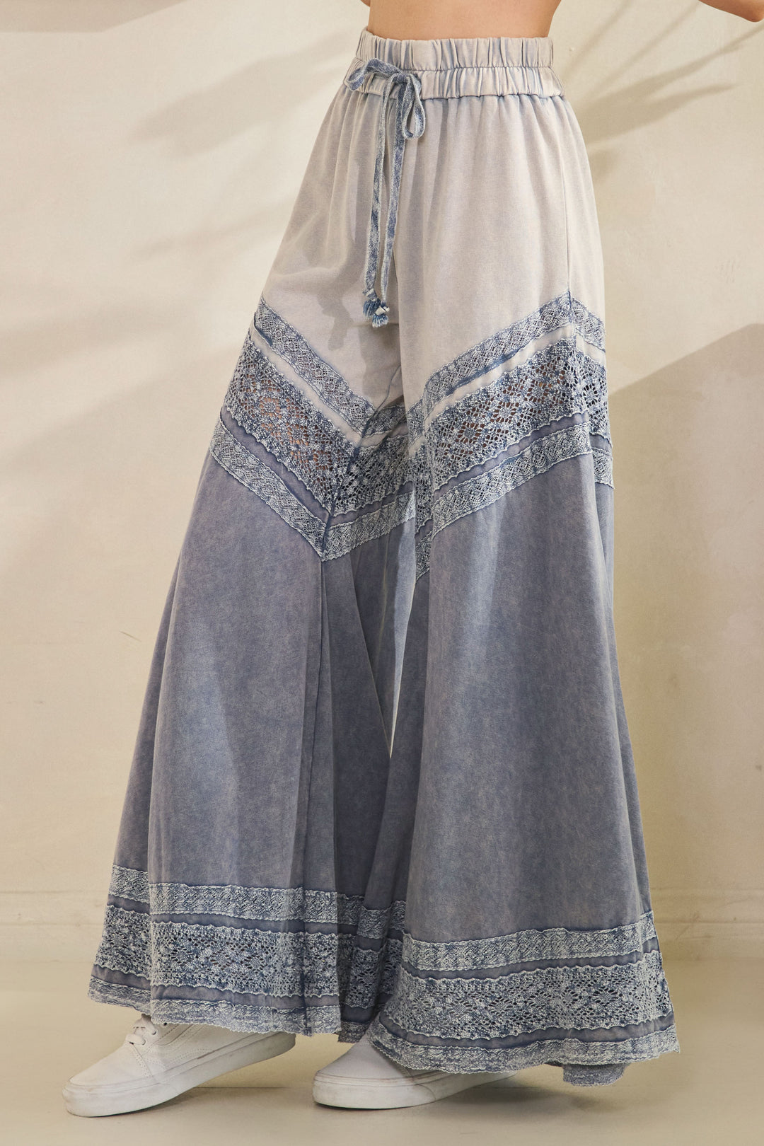WASHED FABRIC MIX WIDE LEG PANTS