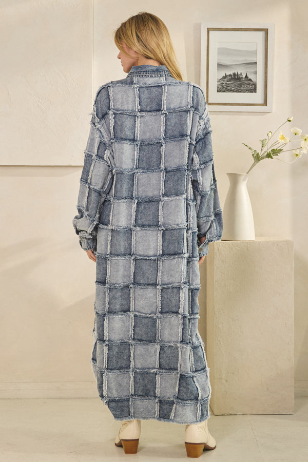WASHED SQUARE PATCHWORK TENCEL LONG SHIRT