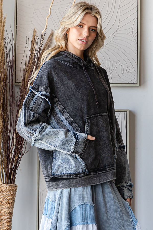 WASHED MIXED DENIM HOODED PULLOVER TOP
