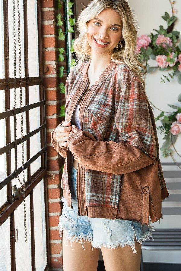 WASHED MIXED MEDIA PLAID ZIP FRONT JACKET