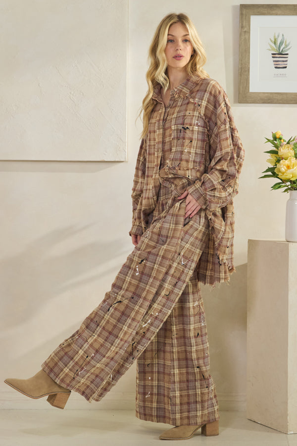 WASHED PLAID SMOCKED WAIST WIDE LEG PANTS
