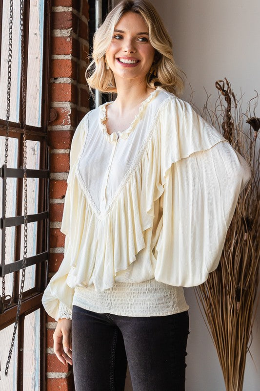 WASHED RUFFLE DETAIL WASHED SMOCKED HEM TOP