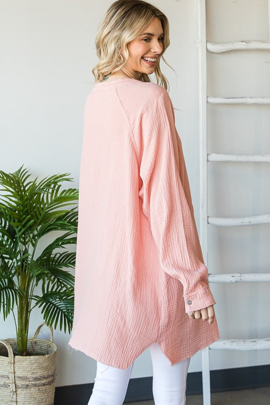 WASHED V NECK BUTTON DOWN FRONT GAUZE SHIRT