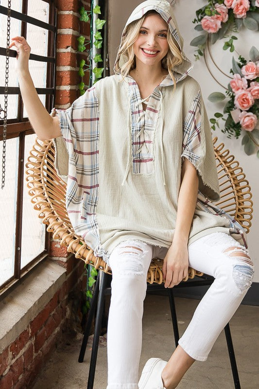 WASHED PLAID MIXED HOODED OVERSIZED TUNIC TOP