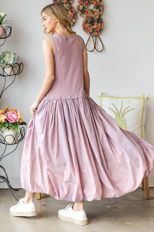 WASHED SLEEVELESS BUBBLE HEM MAXI TANK DRESS