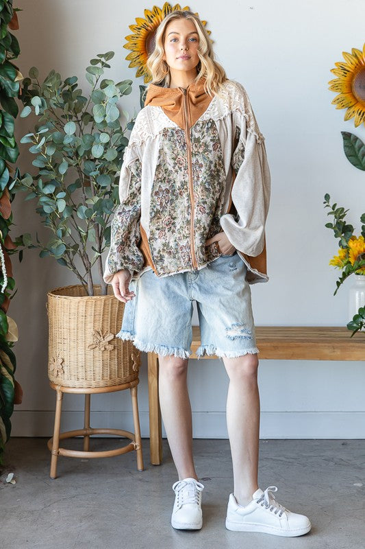 LACE YOKE LONG SLEEVE ZIP CLOSURE HOODED JACKET